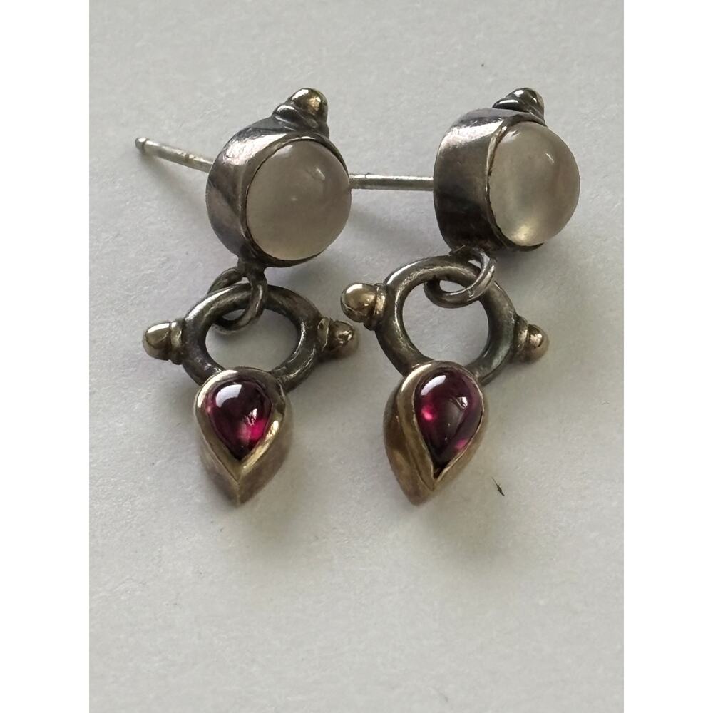 Vintage Sterling Silver Small Dangle Earrings Moonstone Garnet - Picture 2 of 4
